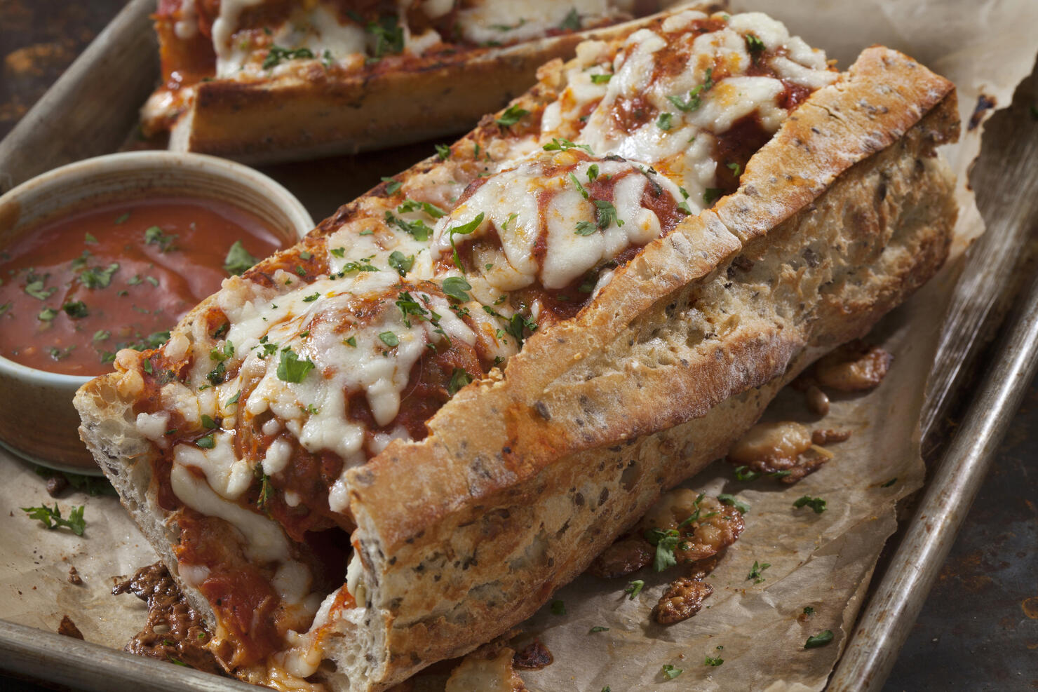 Baked Meatball Sub on a Herb Baguette