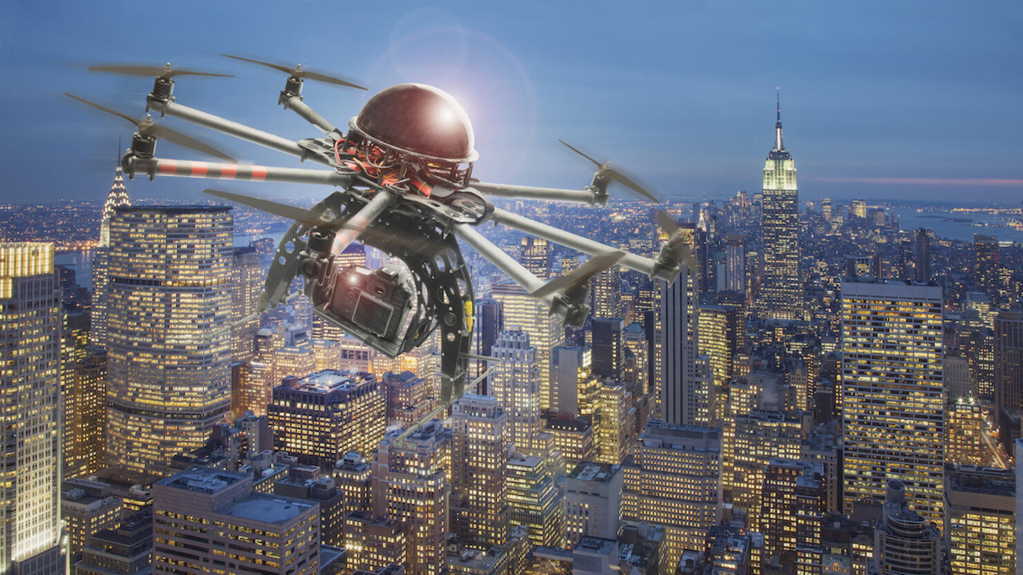 Drone flying and filming over Manhattan
