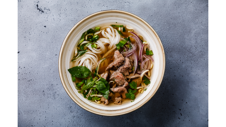 Pho Bo vietnamese Soup with beef in bowl