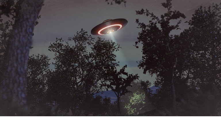 unidentified flying object - UFO flies over the forest - concept 3D illustration