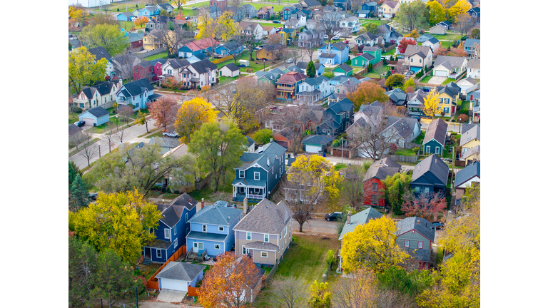 Midwestern Neighborhood in Fall Colors Aerial