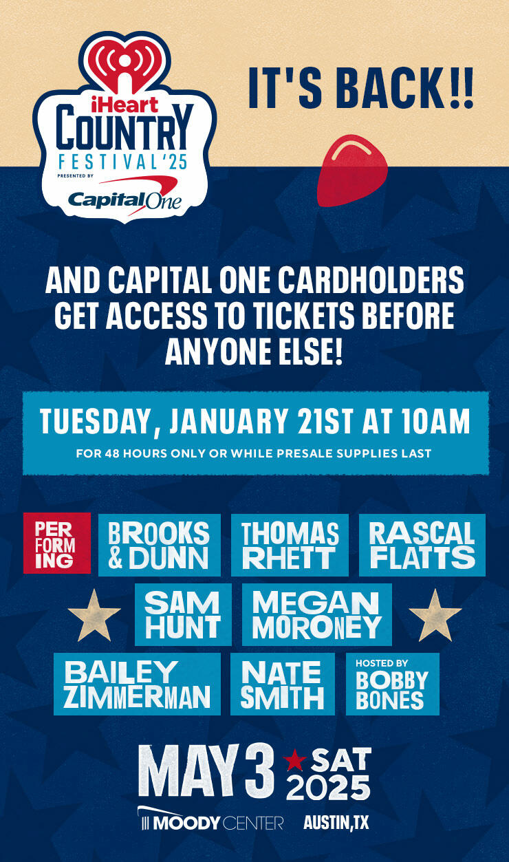 iHeartCountry Festival presented by Capital One is back and Capital One Cardholders get access to tickets before anyone else! Tuesday, January 21st at 10am for 48 hours only or while presale supplies last.