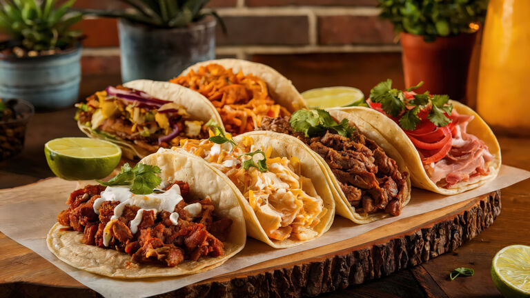 Assorted Mexican Tacos on a Wooden Board,Mexico City,Mexico