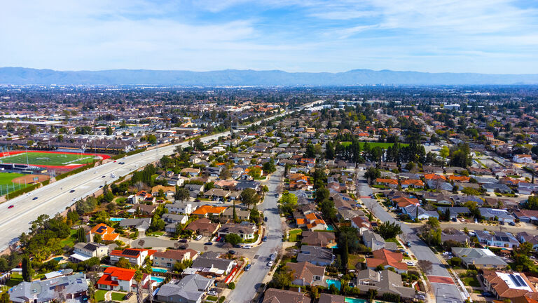 Aerial view of typical single family residential neighborhood in Cupertino, California