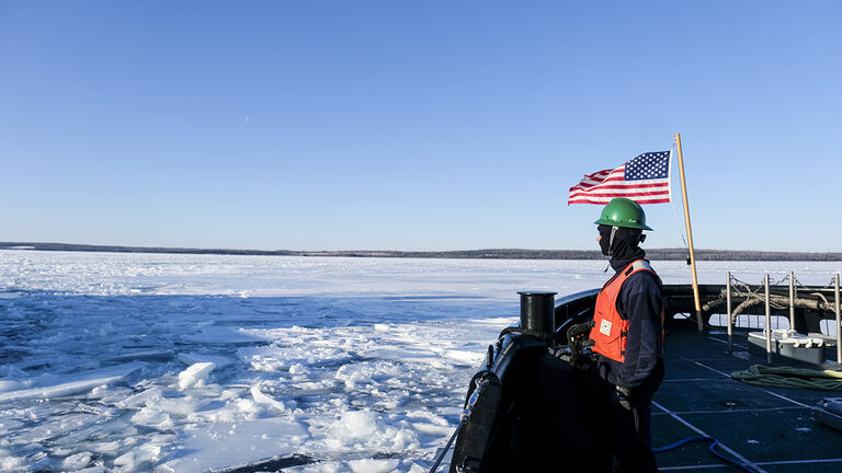 US Coast Guard Icebreaking Crew As Ice Coverage On Great Lakes Plummets