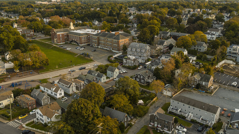 Streets of Plymouth, Massachusetts, in the light of the setting sun.