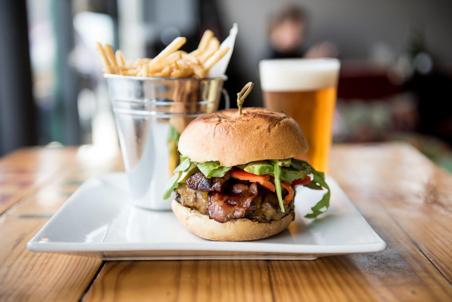 hamburger, French fries and beer