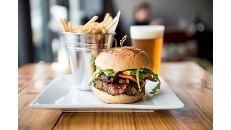 hamburger, French fries and beer