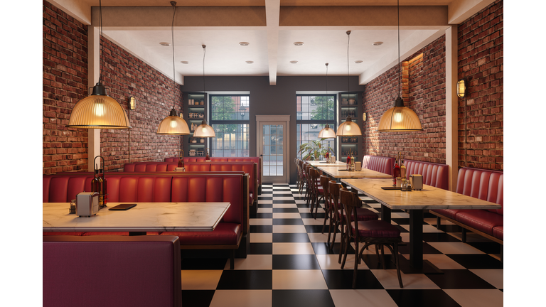 Cafe Interior With Red Seats, Marble Tables, Pendant Lights And Brick Walls