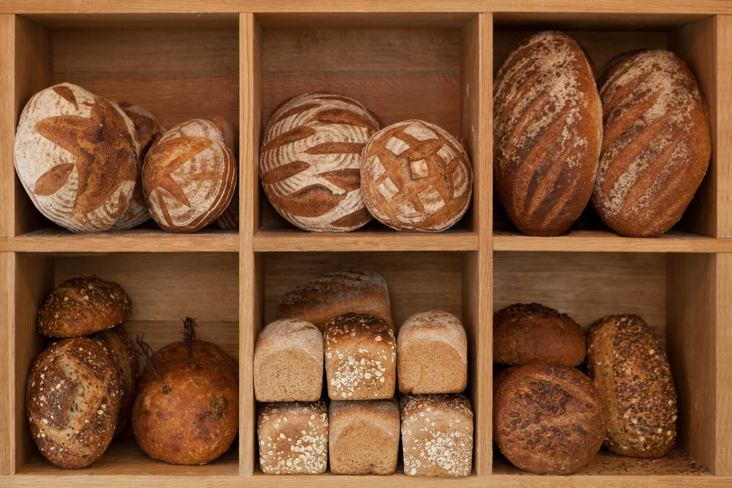 Various artisan loaves of bread.