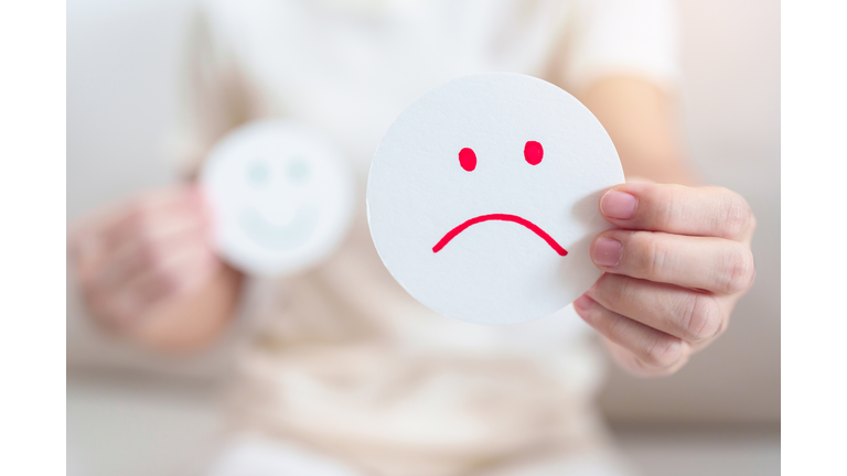 Woman show Unhappy Sad face paper, Mental health Assessment, Psychology, Health Wellness, Feedback, Customer Review, Experience, Satisfaction Survey, Negative Thinking and World Mental Health day