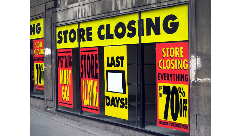 Store Closing and discount signs in department store windows