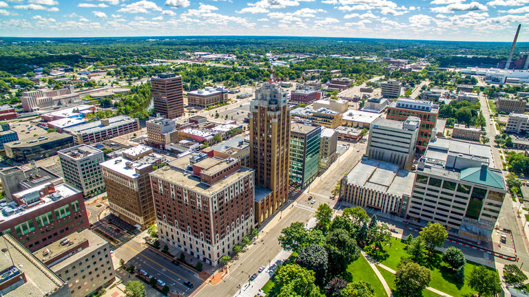 Aerial view of city, Lansing, Michigan, USA