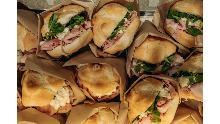 takeaway sandwiches bun with salami and mozzarella