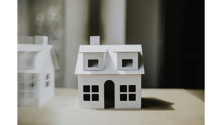 Conceptual image of a small, plain, white, cardboard house