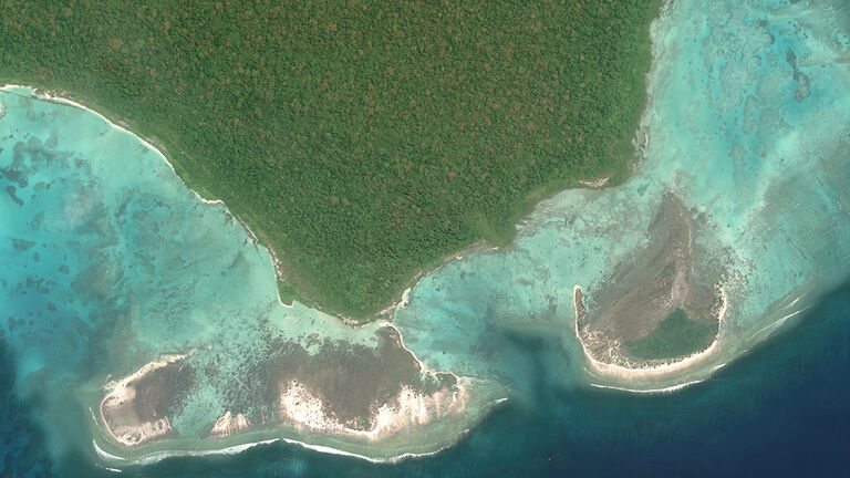 NORTH SENTINAL ISLAND, INDIA -- APRIL 11, 2024:  Maxar closeup satellite imagery of North Sentinel Island, which is one of the Andaman Islands, an Indian archipelago in the Bay of Bengal. The island is a protected area of India.  It is home to the Sentine