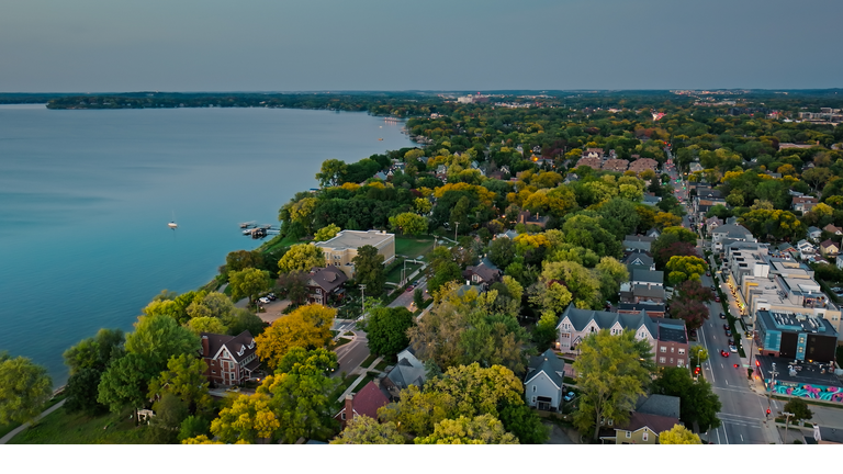 Drone View of Old Market Place in Madison, Wisconsin in Fall