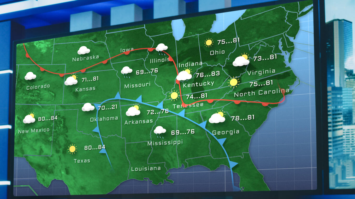 TV Weather Forecast Program: Professional Television Host Reviewing Weather Report in Newsroom Studio, Uses Big Screen with Visuals. Famous Anchorman Talks. Mock-up of Cable Channel Concept.