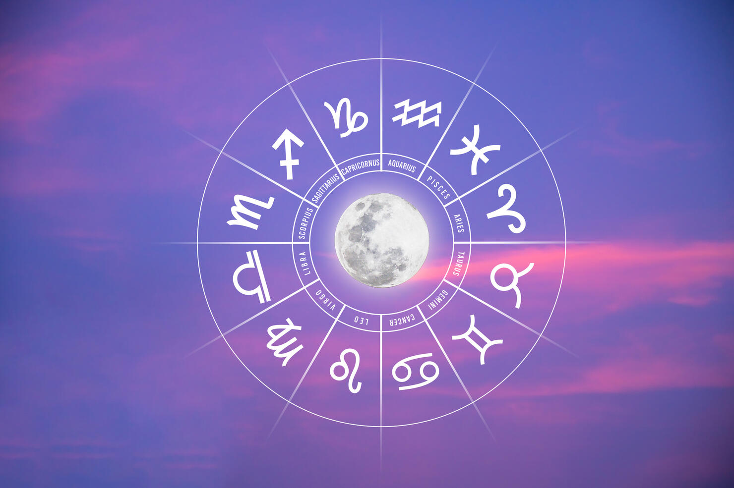 Zodiac signs inside of horoscope circle. Astrology in the sky with many stars and moons  astrology and horoscopes concept