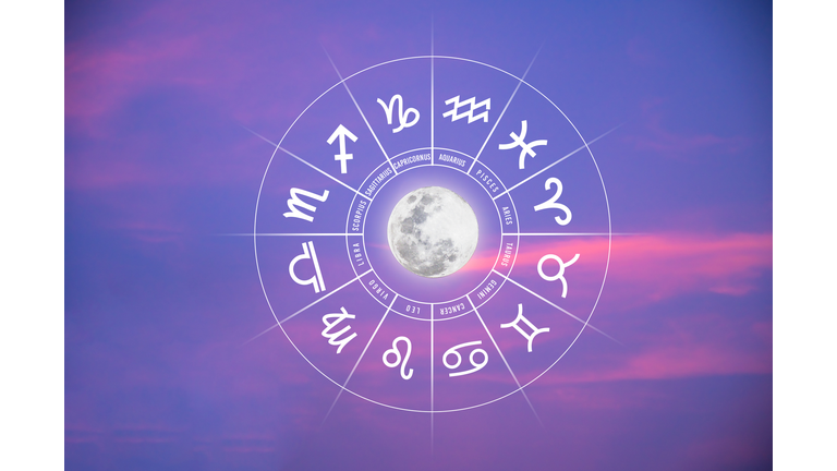 Zodiac signs inside of horoscope circle. Astrology in the sky with many stars and moons  astrology and horoscopes concept