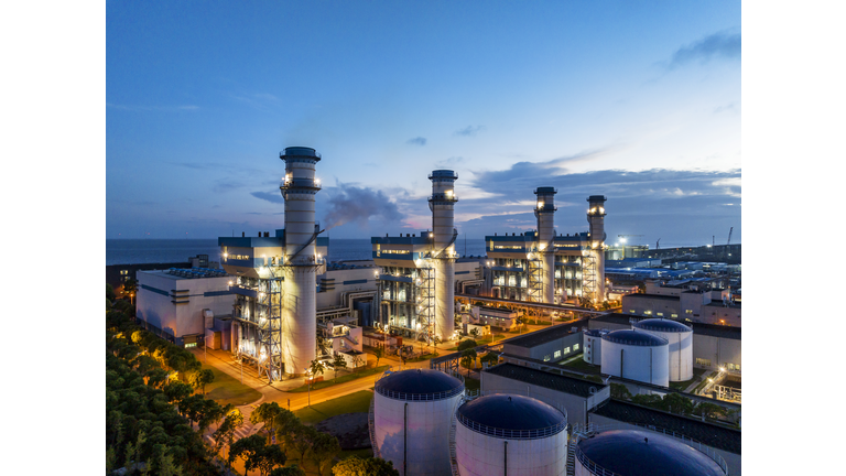 Aerial view of Natural Gas Fired Electrical Power Plant at sunset