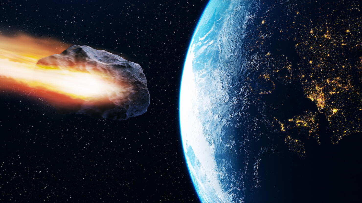 Asteroid towards planet earth in space
