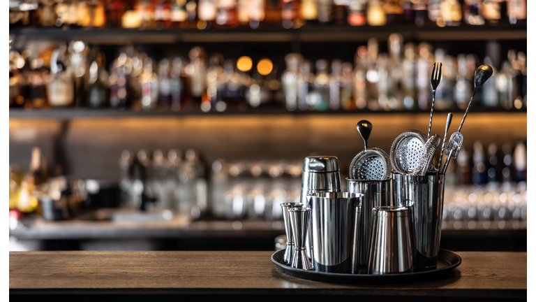 Barmans tools, cocktail shaker and classic equipment for preparing drinks.
