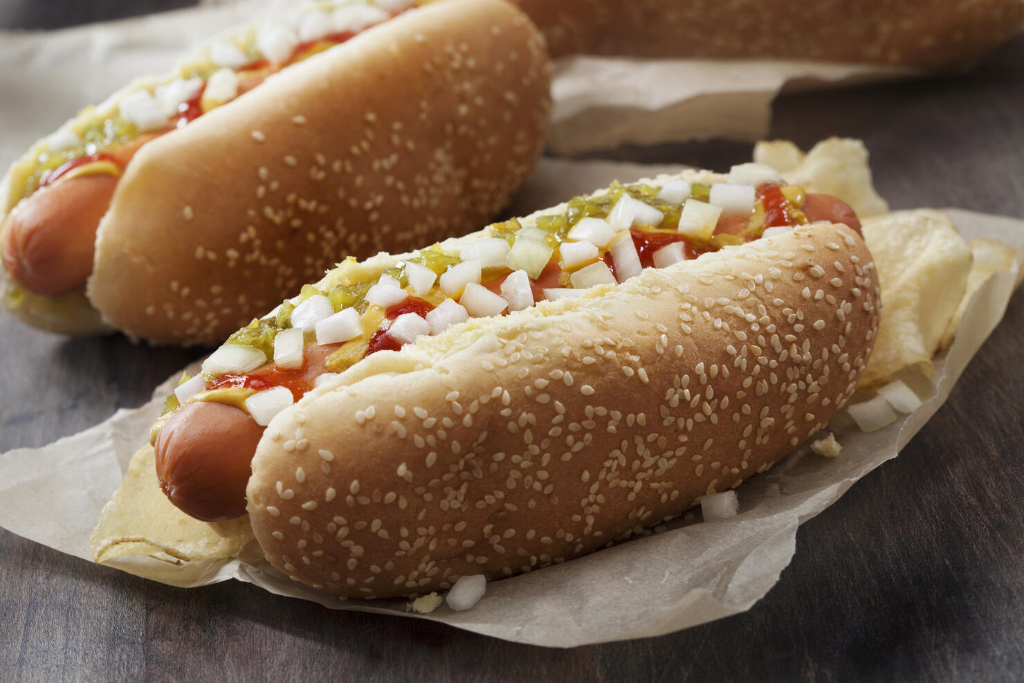 Hotdog with, Ketchup, Mustard, Relish, Onions and Potato Chips