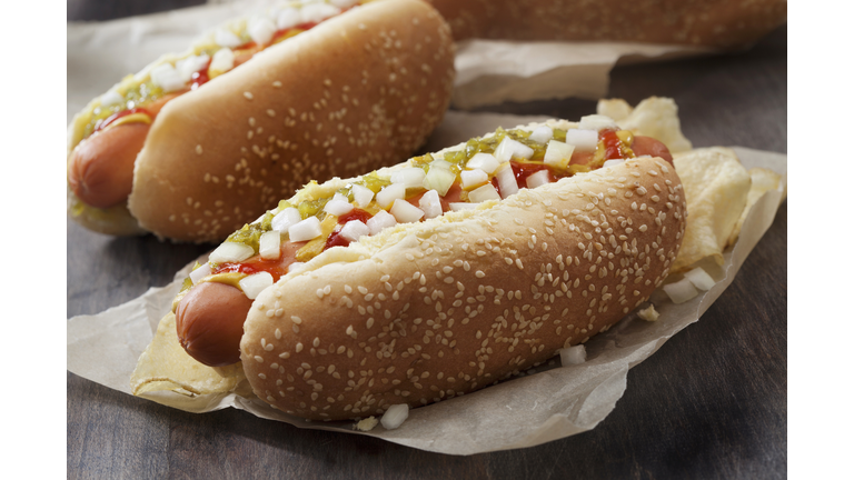 Hotdog with, Ketchup, Mustard, Relish, Onions and Potato Chips