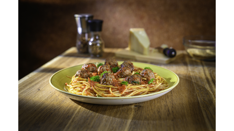 Meatballs with noodles in plate
