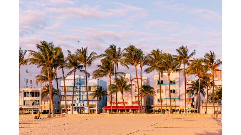 Art Deco hotels along the Ocean Drive in the morning, South Beach, Miami, USA