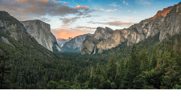 Panorama of Yosemite Valley at sunset