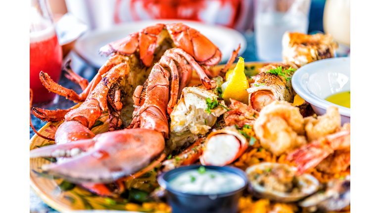Macro closeup of red lobsters, shrimp, crab, oyster and seafood platter on plate in restaurant with tartar sauce