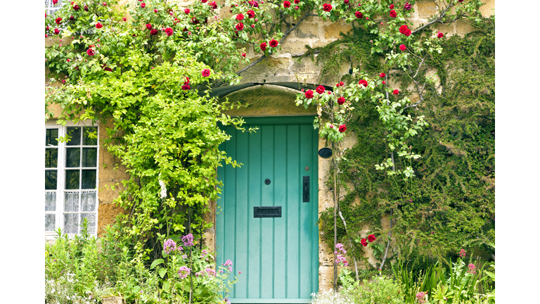 Charming House with green doors and red roses