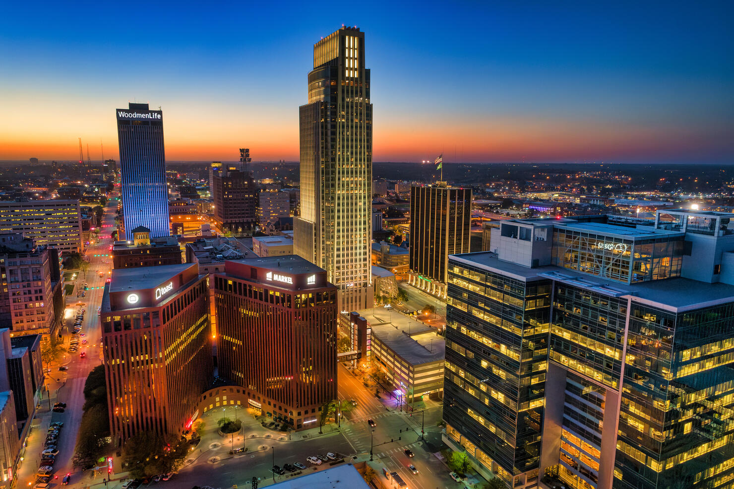 Omaha Downtown Closeup Aerial At Dusk With Beautiful Colors