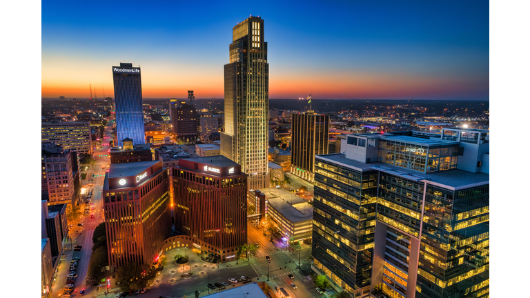 Omaha Downtown Closeup Aerial At Dusk With Beautiful Colors
