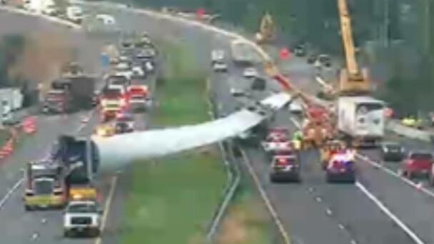 Giant Wind Turbine Blade Crashes Into Traffic On Busy Highway
