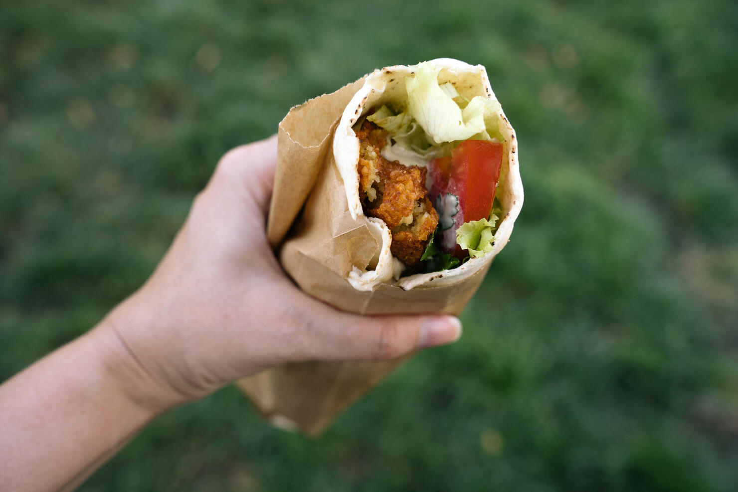 Falafel wrap in female hand held oudoors. Vegan street food concept.