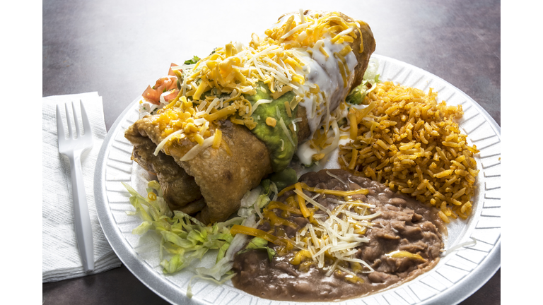 Mexican Burrito Meal With Rice And Refried Beans