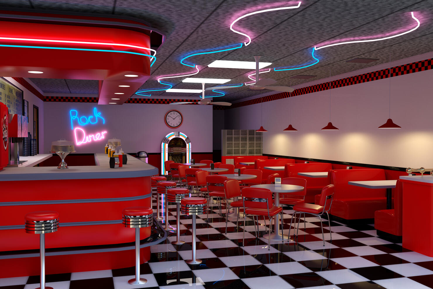 3D rendering of a vintage 1950s style American diner with red furniture and black and white checked floor.