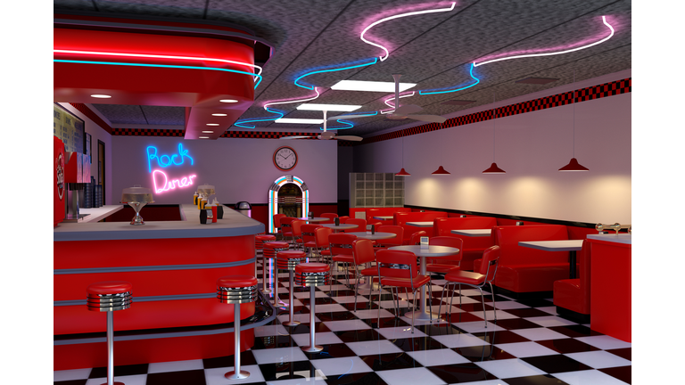 3D rendering of a vintage 1950s style American diner with red furniture and black and white checked floor.