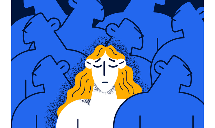 Unhappy woman feel lonely in crowd