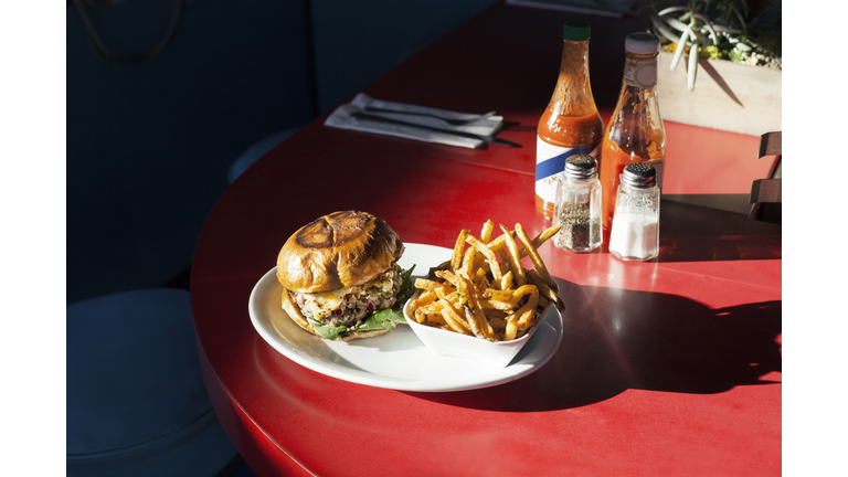 Burger and French fries served in plate on table