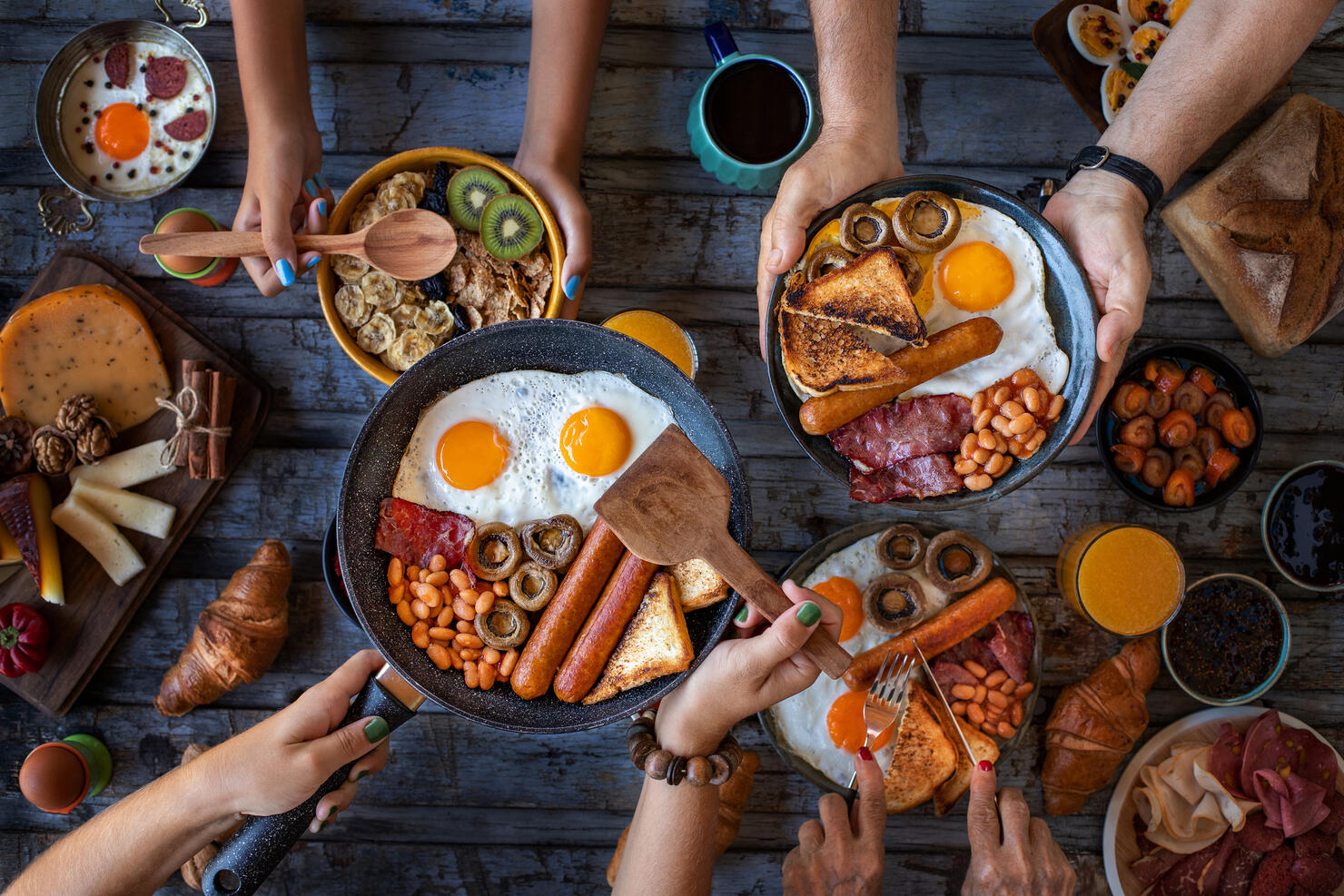 Close up view of breakfast table with family.