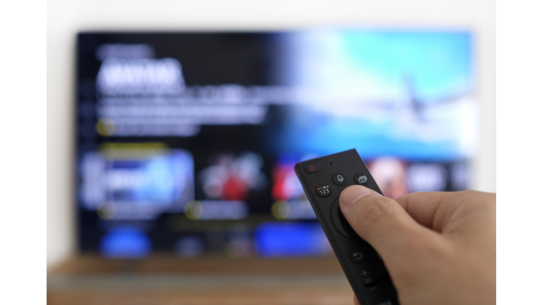 Hand with remote control and television screen