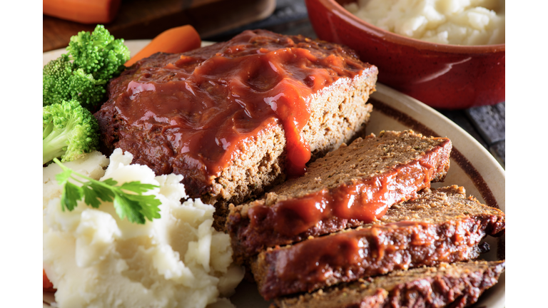Fresh baked tomato glazed meatloaf served with mashed potato