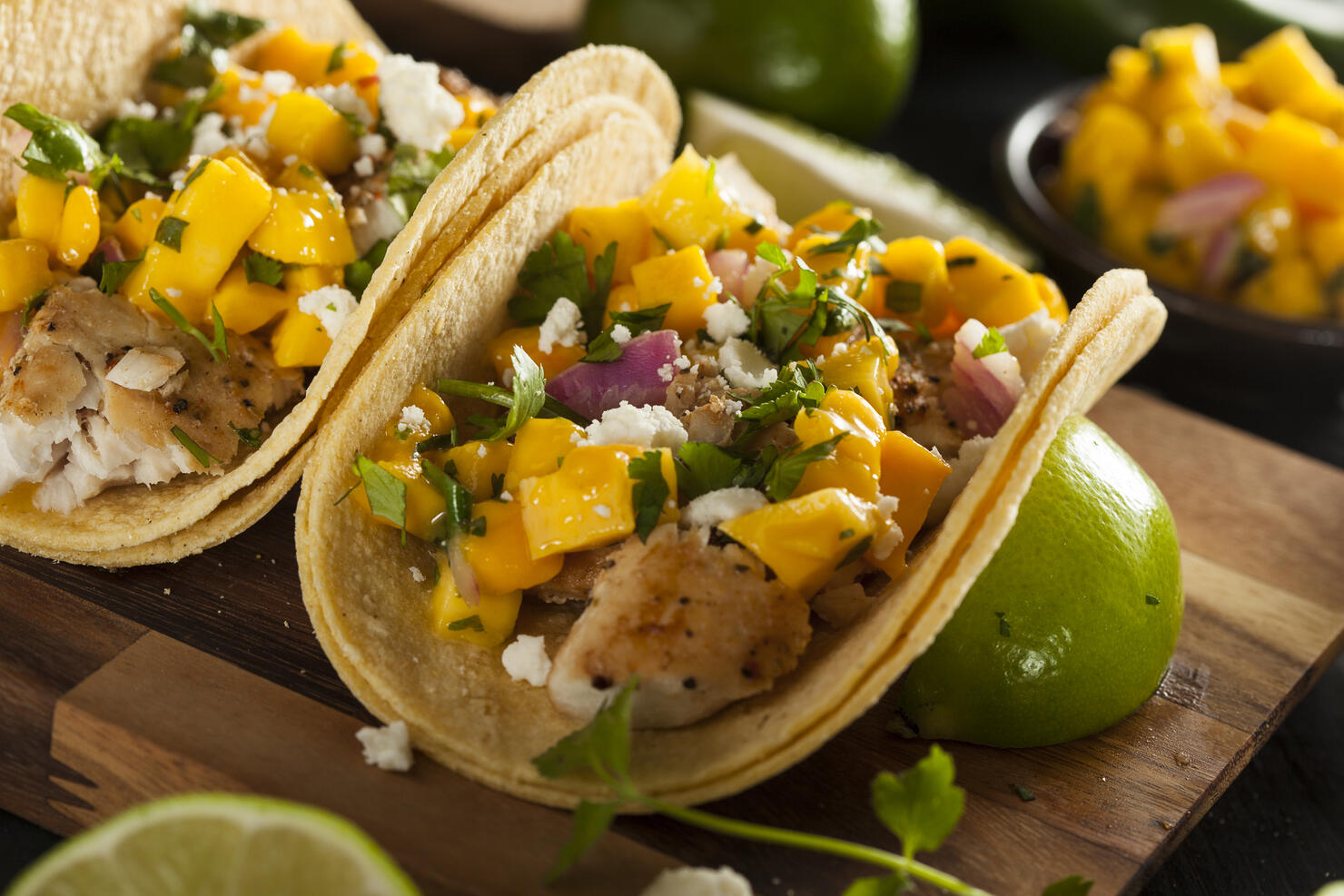 Homemade Baja Fish Tacos with Mango Salsa and Chips,Romania
