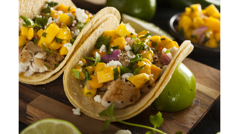 Homemade Baja Fish Tacos with Mango Salsa and Chips,Romania