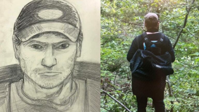 A sketch and photo of a person of interest in the case of a double homicide
