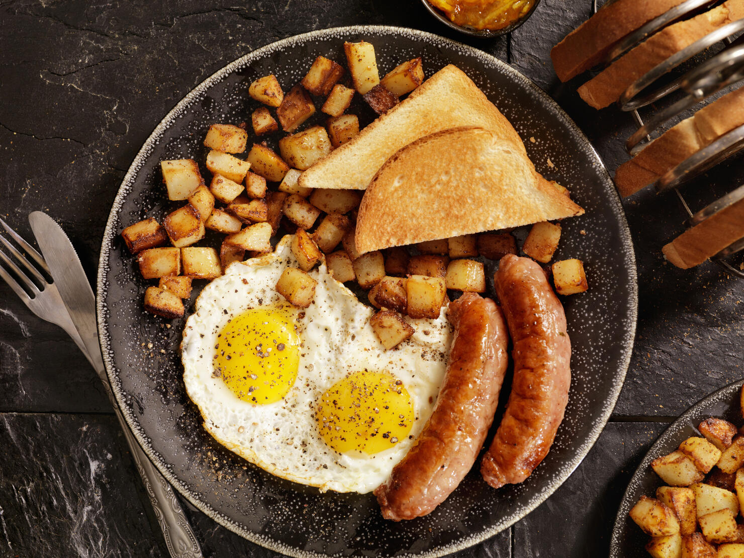Breakfast with Sunny side up eggs and Sausage